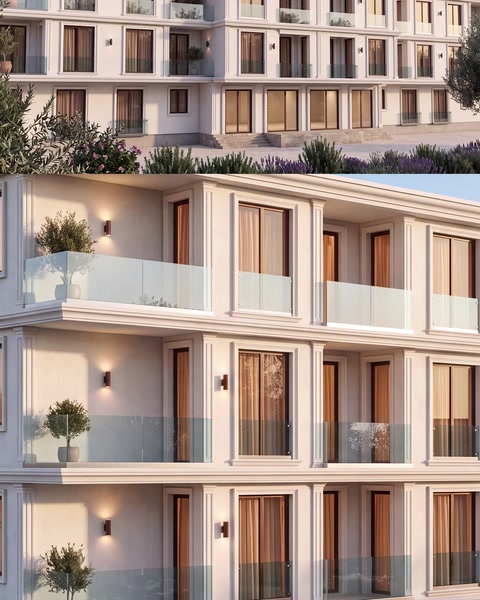 Fațadă de bloc rezidențial cu ancadramente și brâuri decorative la ferestre
