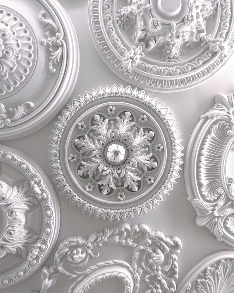 Colecție de rozete decorative albe cu reliefuri florale pentru tavane