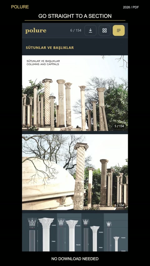 Secțiunea catalogului compară coloane, capiteluri și modele torsadate.