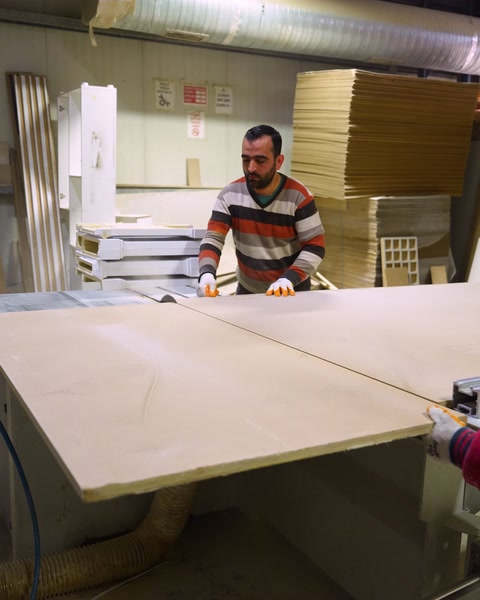 Muncitor transportă panou MDF în atelier