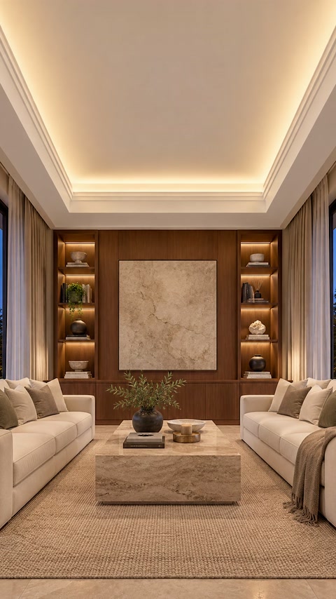 Living modern cu lumină perimetrală integrată în profilul tavanului