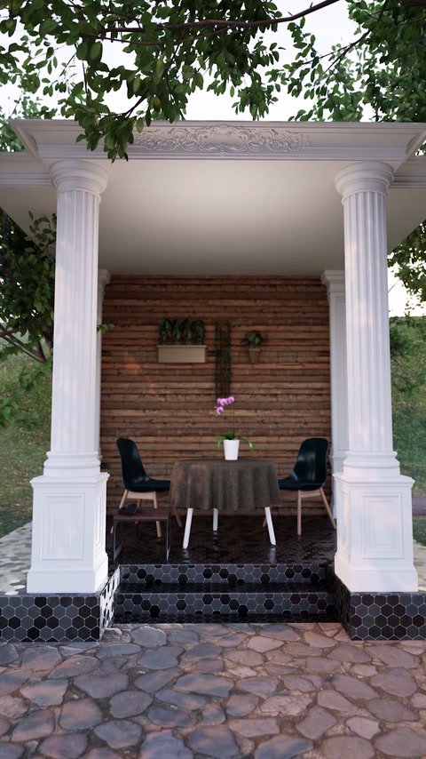 Terasă acoperită încadrată de coloane clasice cu baze profilate