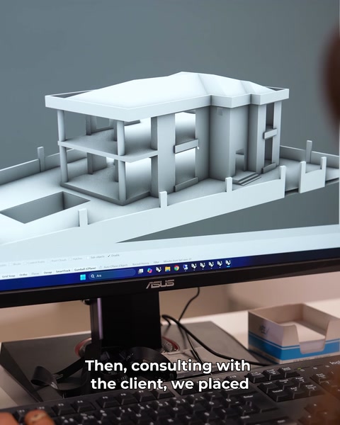 Modelul 3D solid, cu structura pe etaje a vilei, pe ecran
