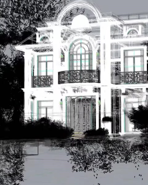 Fațada vilei este reconstruită într-o reprezentare digitală