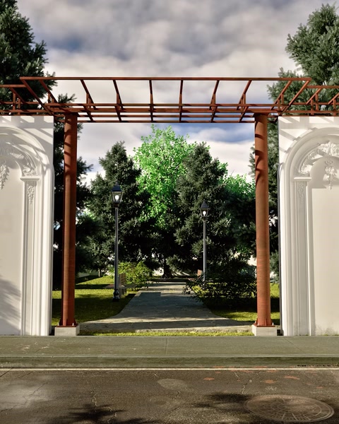 Randare 3D a unui portal cu coloane și cornișă ornamentală