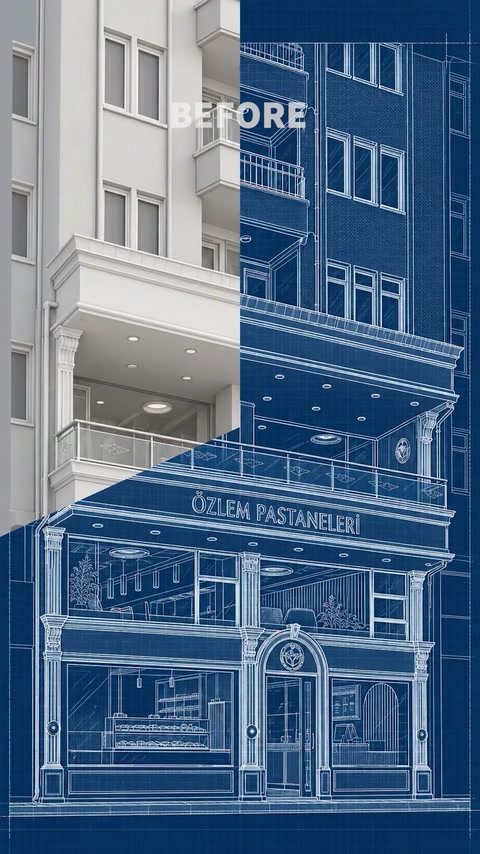 Proiect tehnic suprapus peste fațada unei clădiri comerciale