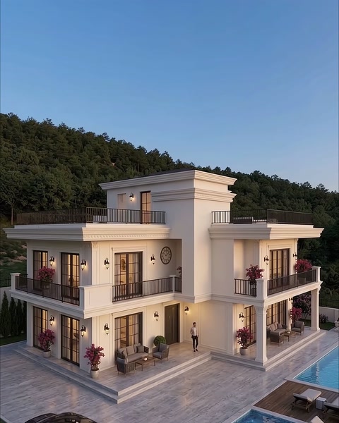 Vilă cu pilaștri, balcon și profile orizontale între niveluri