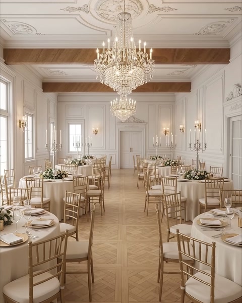Sală decorată cu rame pe pereți, cornișe la tavan și candelabre