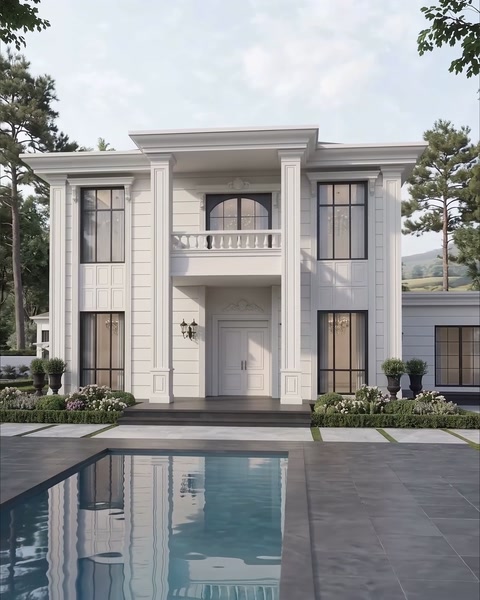 Vilă cu coloane pe două niveluri și balcon central, lângă piscină