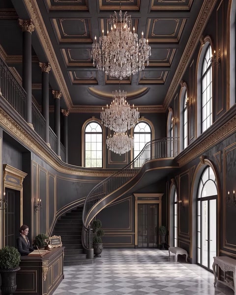 Hol elegant cu scară, candelabre și tavan înalt casetat