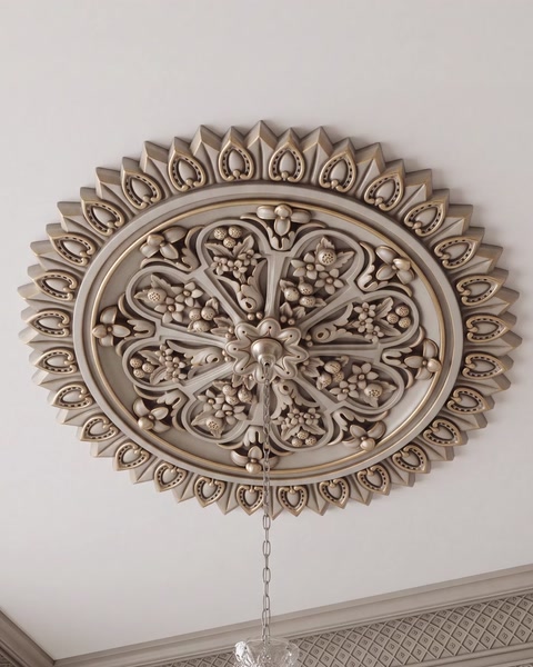 Rozetă de tavan ornamentată, model floral, montată pe perete.
