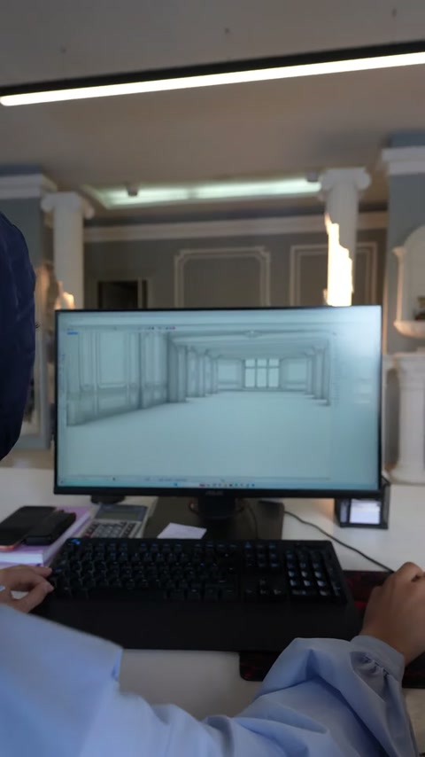 Randare panoramică a unui interior decorat cu chenare și cornișe