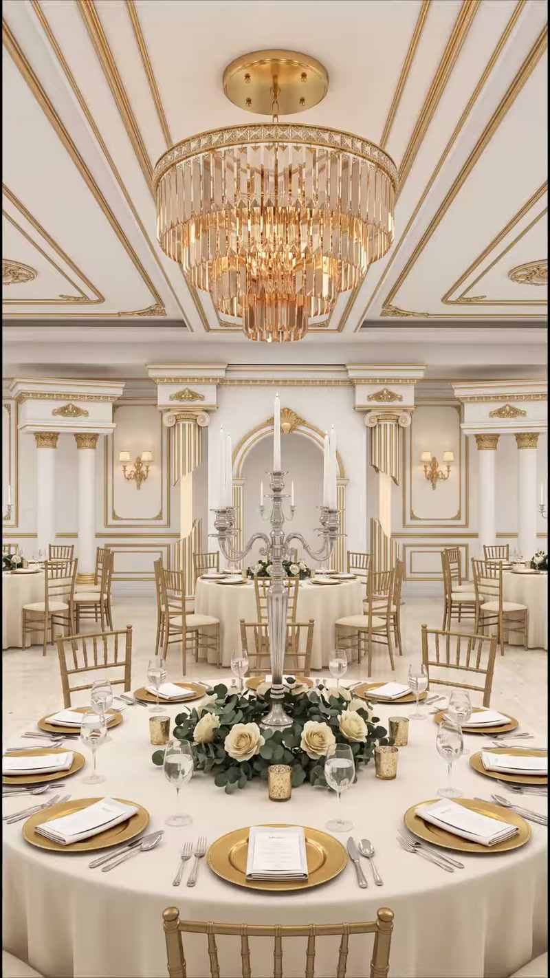 Salon elegant decorat cu chenare aurii, coloane și plafon ornamental