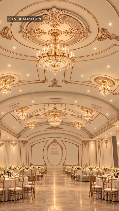 Rozetă centrală elaborată, încadrată de profile decorative și candelabre