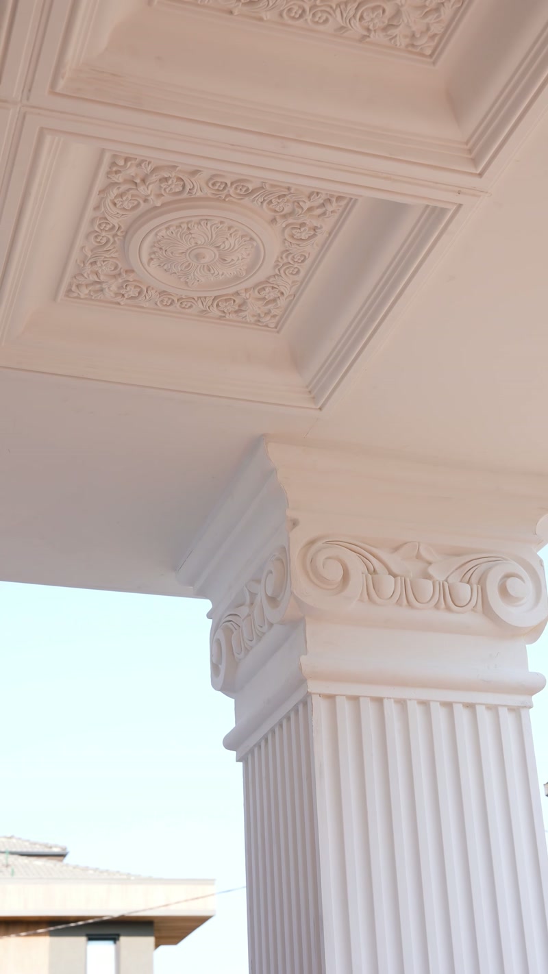 Capitelul ornamental încheie elegant coloana canelată a porticului.